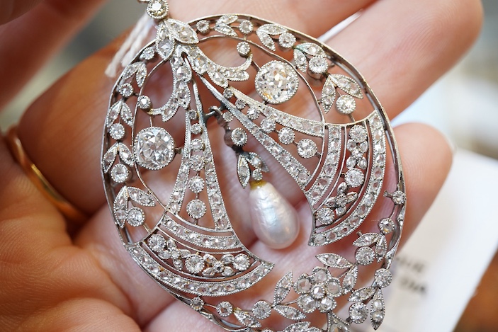 A fine Belle Epoque natural pearl and diamond pendant, circa 1910